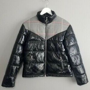 Glamorous Patent Vinyl Black Plaid Puffer Jacket